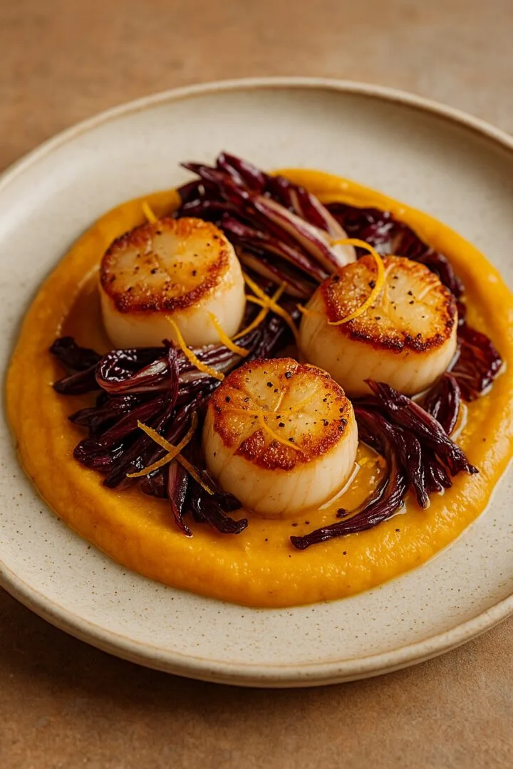 Capesante Scottate con Crema di Zucca, Radicchio Tardivo e Mandarino